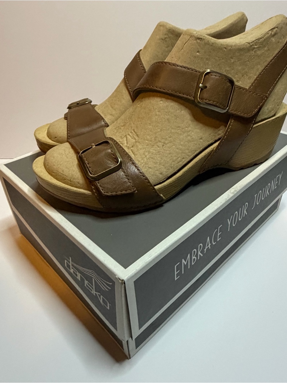 Dansko Brown Leather Buckle Wedge Sandals